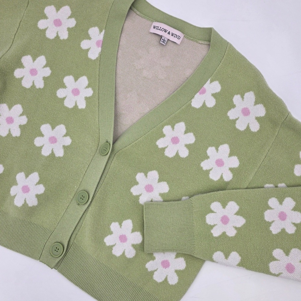 WILLOW & WIND DAISY CARDIGAN WOMENS LARGE GREEN WHITE FLORAL SOFT RAYON HIPPIE - Picture 1 of 12